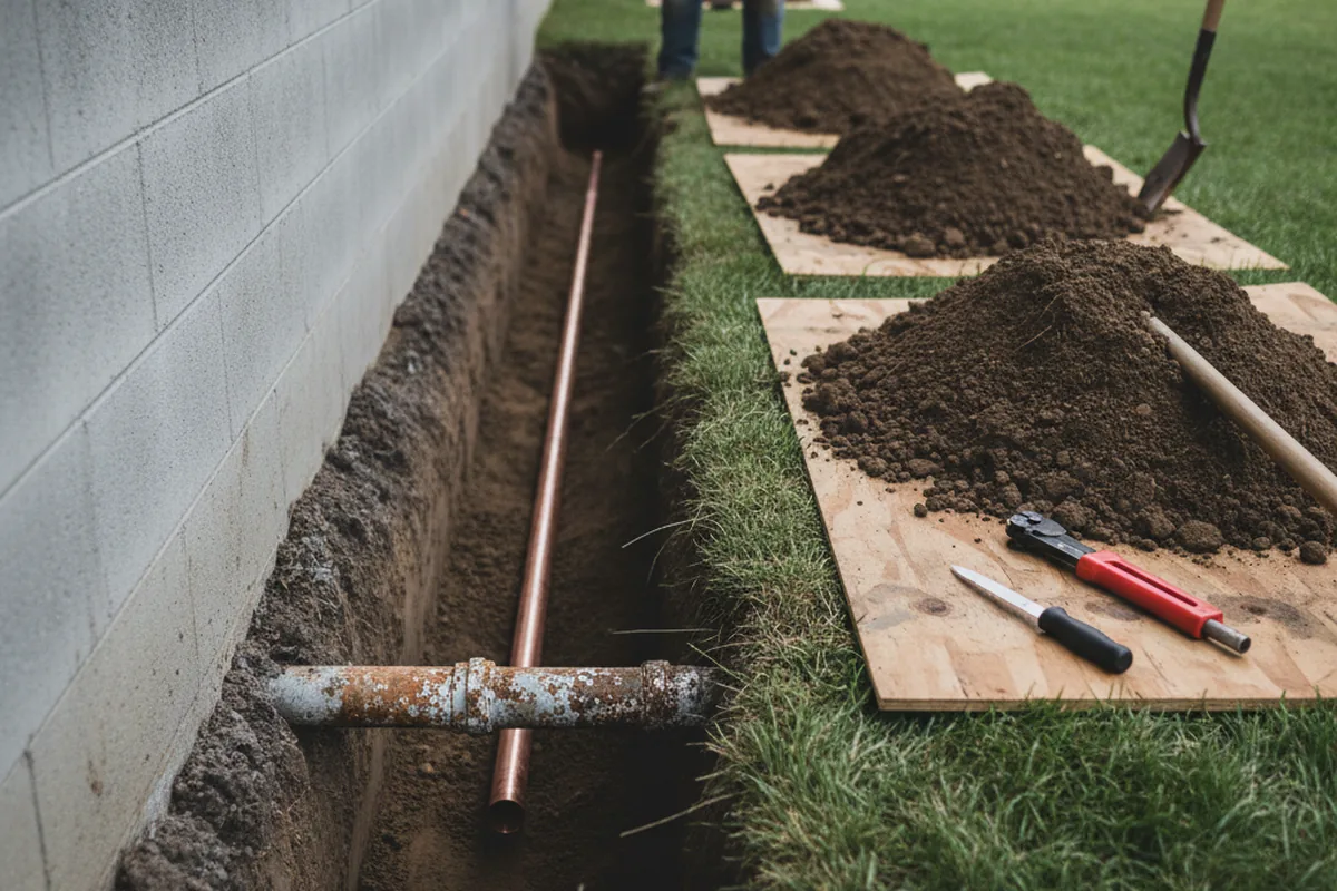 Excavated water line trench during Water Softener Installation in Creedmoor